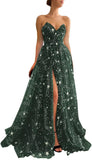 Women's Sparkle Starry Tulle Prom Dresses Strapless Long Formal Evening Party Gowns with Slit