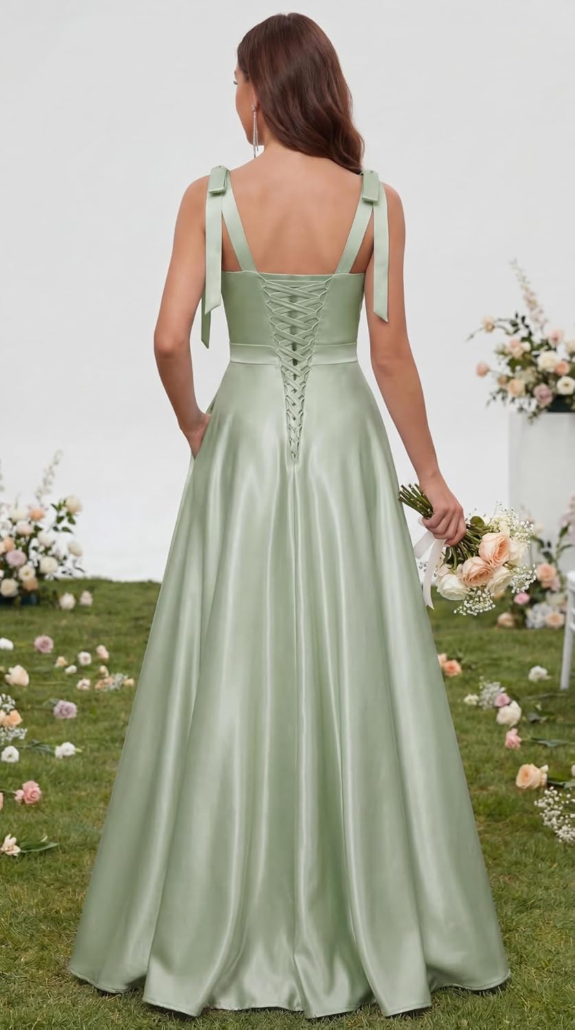 Satin Bridesmaid Dresses with Slit Spaghetti Straps Square Neck Long Formal Dress