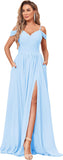 Women's Off Shoulder Bridesmaid Dress with Slit Chiffon Pleated Long Formal Dress