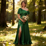 Short Sleeve Satin Bridesmaid Dresses for Women Ruffle One Shoulder Formal Evening Gowns with Slit
