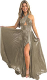 Vestido de fiesta de satén metálico brillante con abertura para mujer, vestido formal de noche plisado con cuello halter 