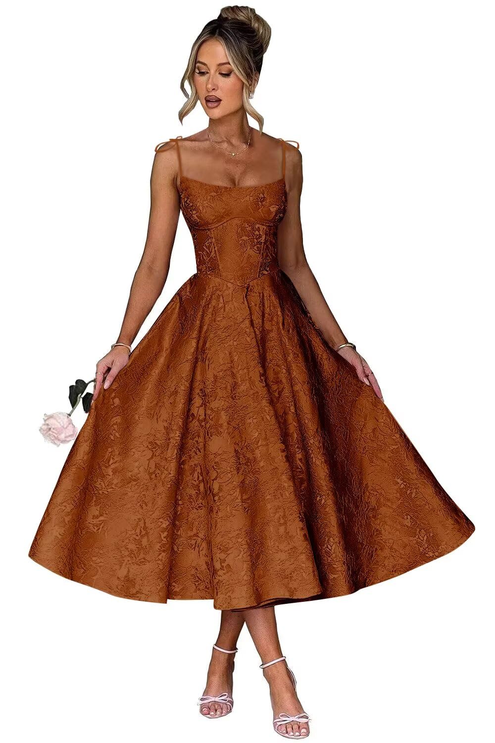 Jacquard Floral Satin Prom Dresses for Women 2026 Spaghetti Straps A-Line Midi Formal Evening Party Gown with Pockets