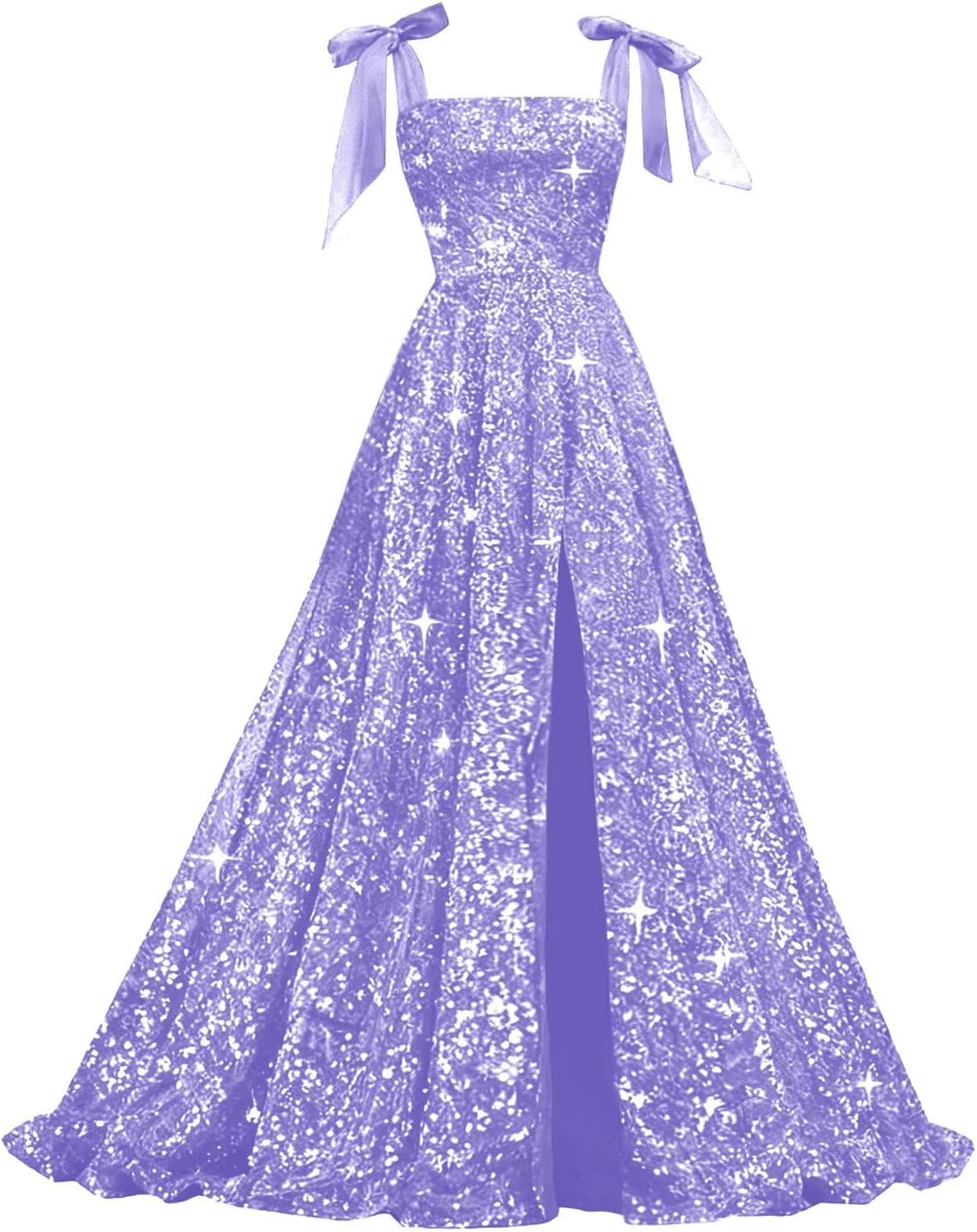 Bow Straps Prom Dresses 2026 Sparkly Sequin Square Neck Ruched Long Puffy Ball Gown Formal Dress with Slit Pockets