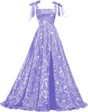 Bow Straps Prom Dresses 2026 Sparkly Sequin Square Neck Ruched Long Puffy Ball Gown Formal Dress with Slit Pockets