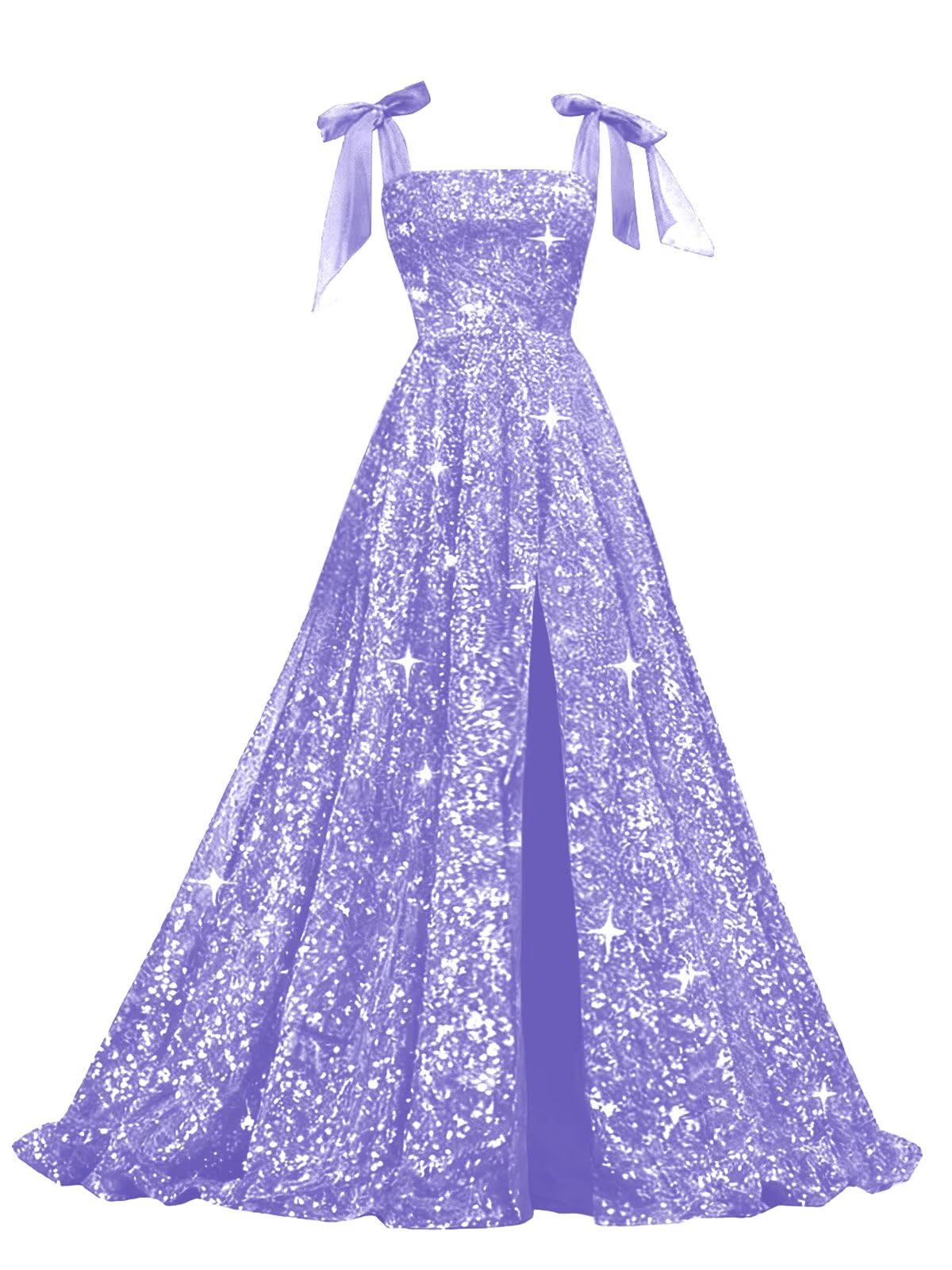Bow Straps Prom Dresses 2026 Sparkly Sequin Square Neck Ruched Long Puffy Ball Gown Formal Dress with Slit Pockets