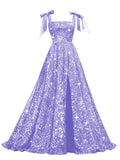 Bow Straps Prom Dresses 2026 Sparkly Sequin Square Neck Ruched Long Puffy Ball Gown Formal Dress with Slit Pockets