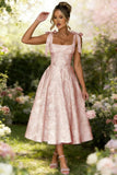 Women's Midi Bridesmaid Dresses Jacquard Satin with Bow Spaghetti Straps Square Neck Formal Wedding Guest Dress