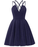 Spaghetti Straps Satin Homecoming Dresses for Teens V Neck Short Prom Dress Sparkly A-Line Formal Evening Party Gowns