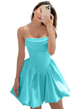 Satin Flower Bud Homecoming Dress Short Prom Dress Cowl Neck Pleated A Line Mini Cocktail Party Gown