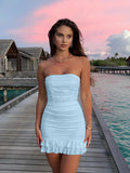 Women's Sexy Tube Top Bodycon Mini Dress Strapless Ruffle Bow Back Ruched Party Short Dresses
