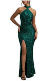 Sequin Mermaid Prom Dresses for Women Long Sparkly Halter-Neck Tight Backless Formal Evening Party Gowns with Slit