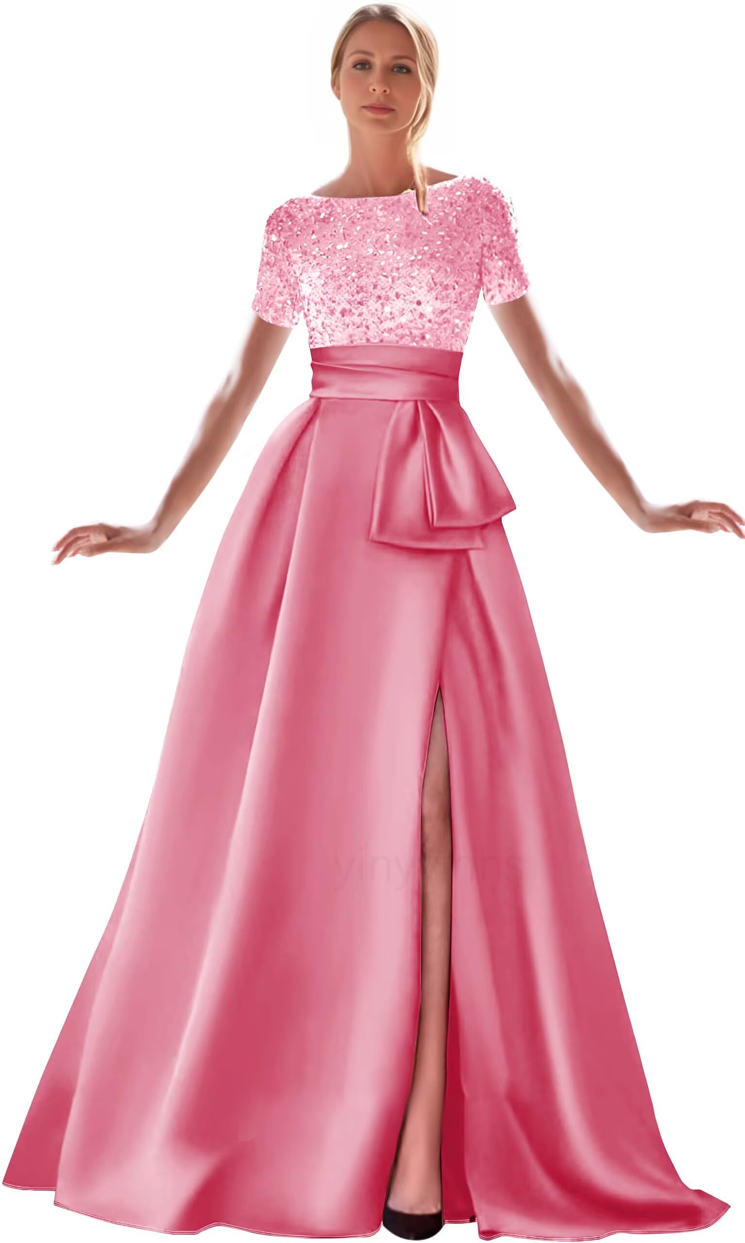 Kingbridal Gowns Short Sleeve Sequin Prom Dresses for Women 2026 Satin A-Line Sparkly Formal Evening Party Ball Gowns with Slit