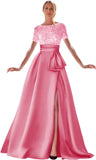 Kingbridal Gowns Short Sleeve Sequin Prom Dresses for Women 2026 Satin A-Line Sparkly Formal Evening Party Ball Gowns with Slit