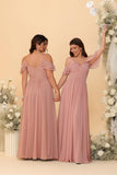 Women's Long Chiffon Bridesmaid Dresses Ruffle V Neck Formal Evening Prom Gown Spaghetti Strap Maxi Wedding Guest Dress