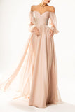 Vestido de fiesta con hombros descubiertos, manga larga, estilo formal, plisado, corte A, para mujer