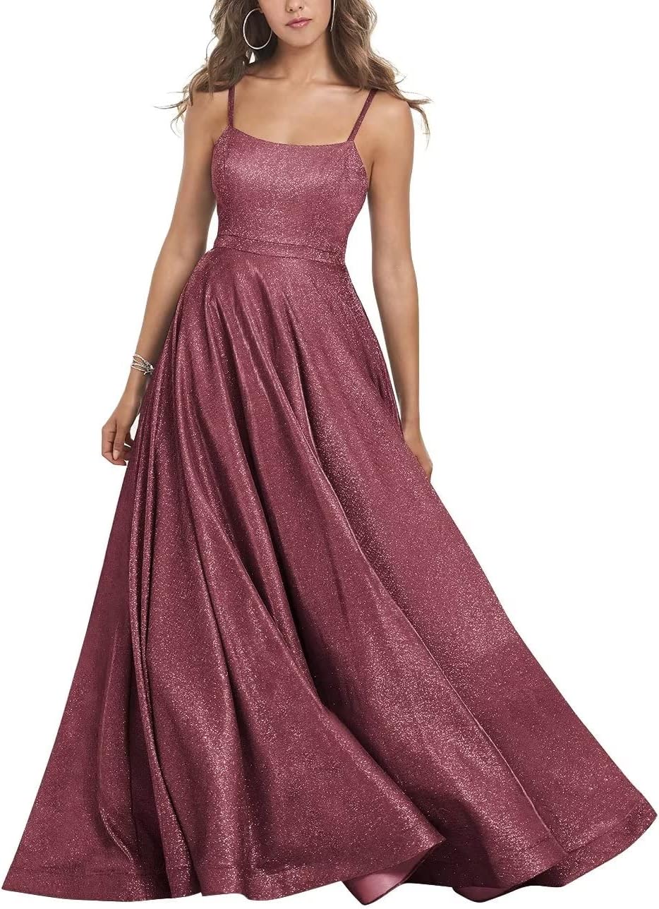 Women's Glitter Prom Dresses Long Ball Gown Spaghetti Straps Neck Formal Evening Party Dress for Teens