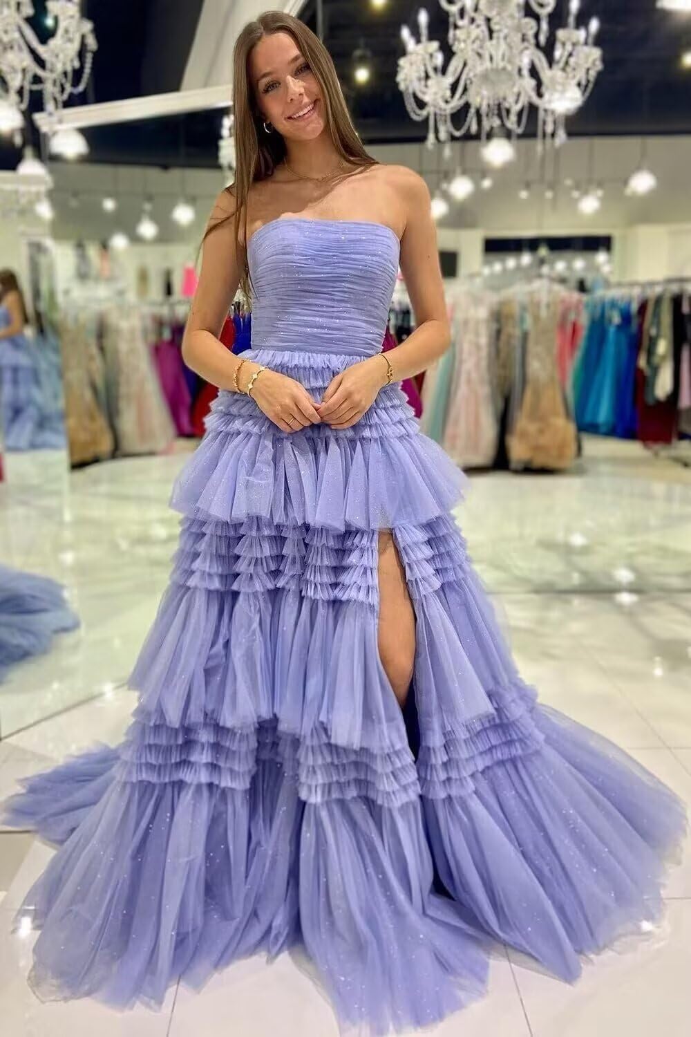 Strapless Tiered Tulle Prom Dresses for Women 2027 Long Sparkly A-Line Formal Evening Party Ball Gowns with Slit