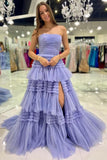 Strapless Tiered Tulle Prom Dresses for Women 2027 Long Sparkly A-Line Formal Evening Party Ball Gowns with Slit