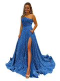 One Shoulder Sequin Prom Dresses for Women Long Sparkly A-Line Slit Formal Evening Party Ball Gowns with Pockets