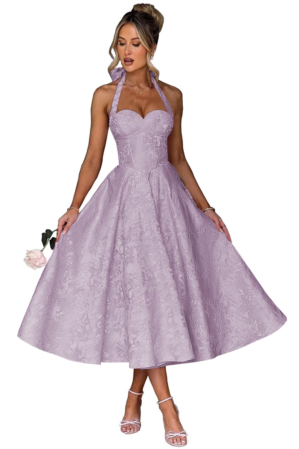 Jacquard Satin Prom Dresses for Women Vintage A-Line Midi Halter Sweetheart Formal Evening Party Gowns with Pockets