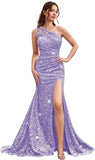 Kingbridal Gowns One Shoulder Sequin Prom Dresses with Slit 2026 Mermaid Formal Dress for Women Sparkly Ruched Evening Party Gowns