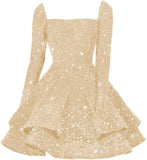 Sequin Short Homecoming Dress for Teen Sparkly Long Sleeve Prom Sweet 16 Dresses Cocktail Gowns
