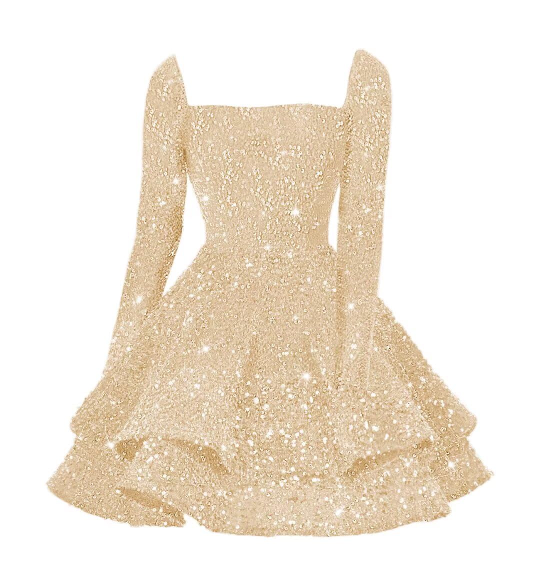 Sequin Short Homecoming Dress for Teen Sparkly Long Sleeve Prom Sweet 16 Dresses Cocktail Gowns