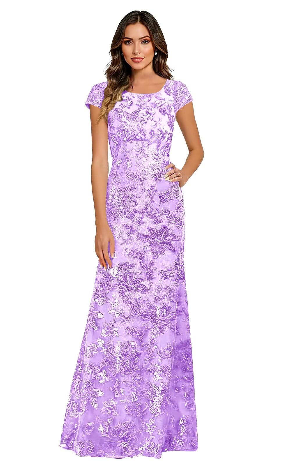 Lace Appliques Scoop Neck Sequin Mother of the Bride Dresses Mermaid Short Sleeve Formal Evening Gowns