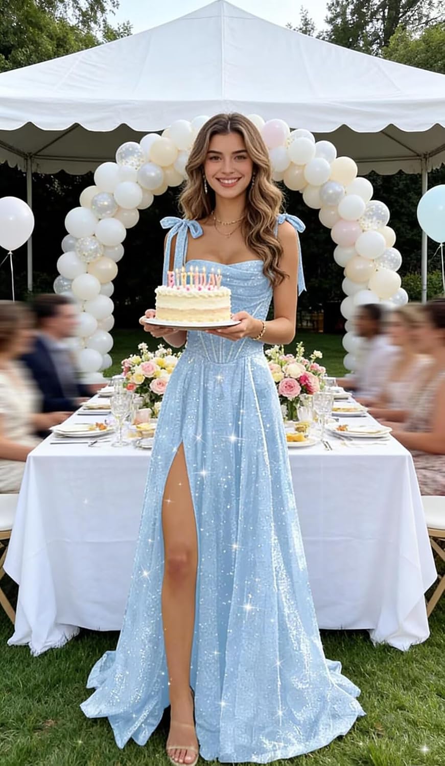 Sparkly Tulle Prom Dresses with Slit Spaghetti Straps A Line Maxi Long Formal Dress
