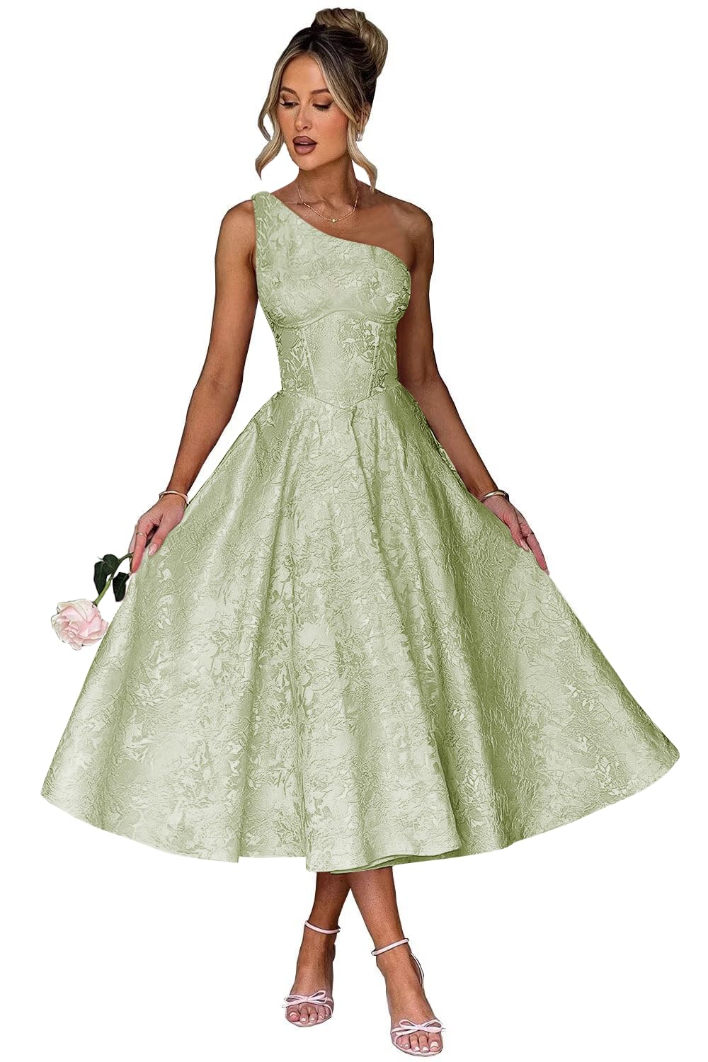 Jacquard Floral Satin Prom Dresses 2026 One Shoulder A-Line Midi Formal Evening Party Gown with Pockets for Women
