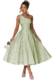 Jacquard Floral Satin Prom Dresses 2026 One Shoulder A-Line Midi Formal Evening Party Gown with Pockets for Women