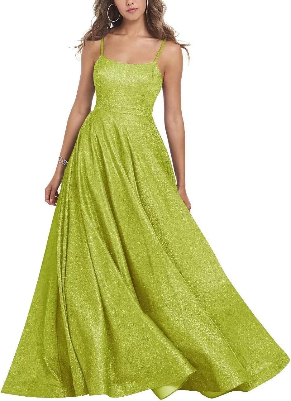 Women's Glitter Prom Dresses Long Ball Gown Spaghetti Straps Neck Formal Evening Party Dress for Teens