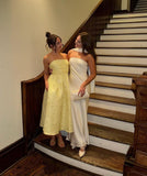 Satin Floral Jacquard Prom Dress for Women Strapless Corset Tea Length Formal Cocktail Evening Gowns
