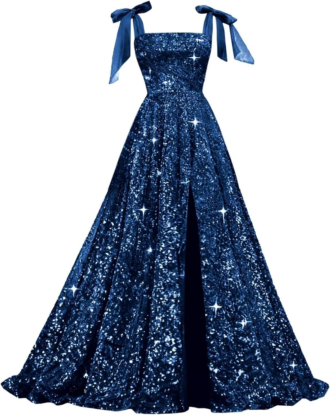 Bow Straps Prom Dresses 2026 Sparkly Sequin Square Neck Ruched Long Puffy Ball Gown Formal Dress with Slit Pockets