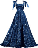 Bow Straps Prom Dresses 2026 Sparkly Sequin Square Neck Ruched Long Puffy Ball Gown Formal Dress with Slit Pockets