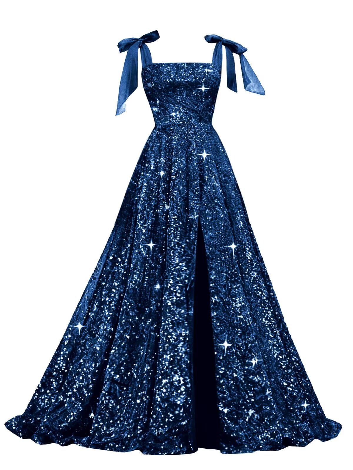 Bow Straps Prom Dresses 2026 Sparkly Sequin Square Neck Ruched Long Puffy Ball Gown Formal Dress with Slit Pockets