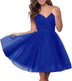 Short Homecoming Dresses Spaghetti Straps V Neck Glitter Tulle Ball Gown Short Prom Graduation Dress for Juniors