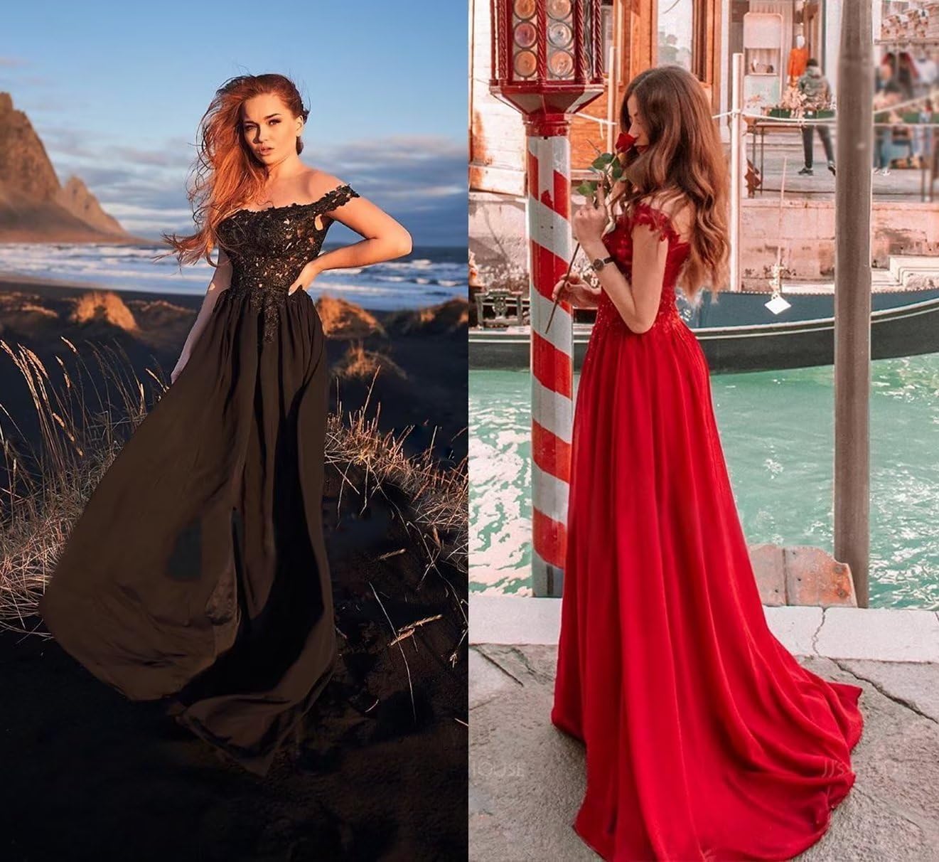 Women's Off The Shoulder Long Prom Dresses with Slit Lace Appliqued Chiffon Formal Party Gowns