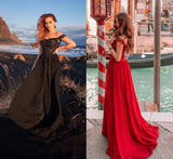 Women's Off The Shoulder Long Prom Dresses with Slit Lace Appliqued Chiffon Formal Party Gowns