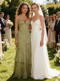 Spaghetti Strap Floral Bridesmaid Dresses for Women Tiered Ruffle A-Line Long Formal Prom Dress