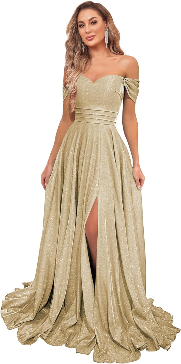 Women's Glittery Prom Dresses Long Ball Gown Off Shoulder High Slit Formal Evening Gowns with Pockets