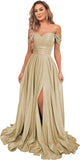 Women's Glittery Prom Dresses Long Ball Gown Off Shoulder High Slit Formal Evening Gowns with Pockets