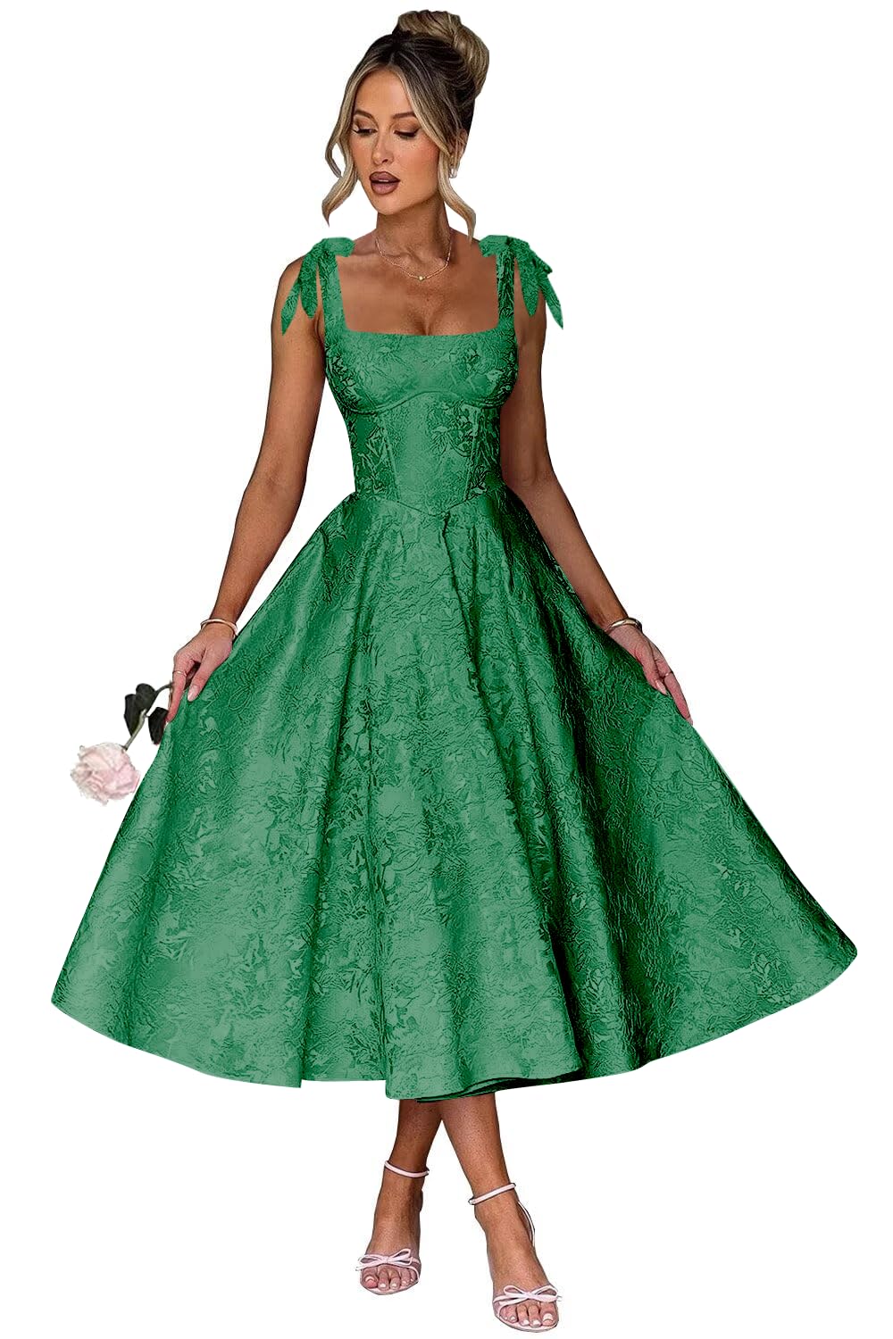 Women's Midi Bridesmaid Dresses Jacquard Satin with Bow Spaghetti Straps Square Neck Formal Wedding Guest Dress