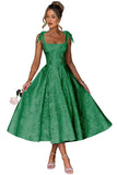 Women's Midi Bridesmaid Dresses Jacquard Satin with Bow Spaghetti Straps Square Neck Formal Wedding Guest Dress