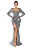 Mermaid Sequin Prom Dresses for Women 2026 Long Sleeve Ruched Formal Dress with Slit Sparkly Evening Party Gowns
