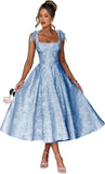 Women's Midi Bridesmaid Dresses Jacquard Satin with Bow Spaghetti Straps Square Neck Formal Wedding Guest Dress