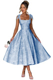 Women's Midi Bridesmaid Dresses Jacquard Satin with Bow Spaghetti Straps Square Neck Formal Wedding Guest Dress