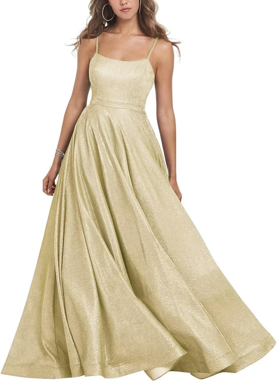 Women's Glitter Prom Dresses Long Ball Gown Spaghetti Straps Neck Formal Evening Party Dress for Teens