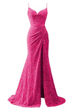 Spaghetti Straps Sequin Prom Dresses for Women 2027 Mermaid Ruched Formal Dress with Slit Sparkly Evening Party Gown