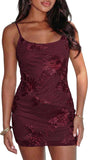 Summer Women's Floral Embroidered Mini Dress Spaghetti Strap Mesh Bodycon Formal Cocktail Dresses in Wine Red/Black/Apricot